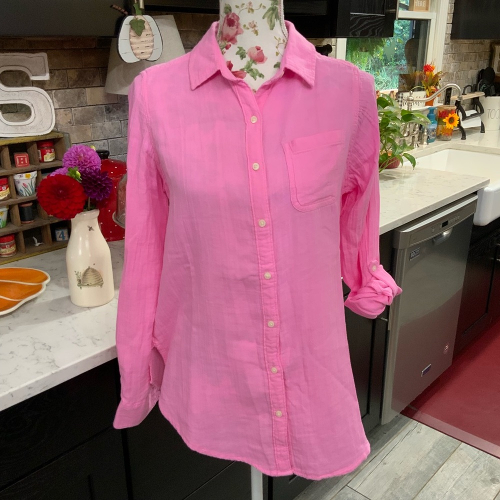 St John's Bay Pink Button Front Shirt Blouse Small Gauzy Cotton Roll Tab Sleeve